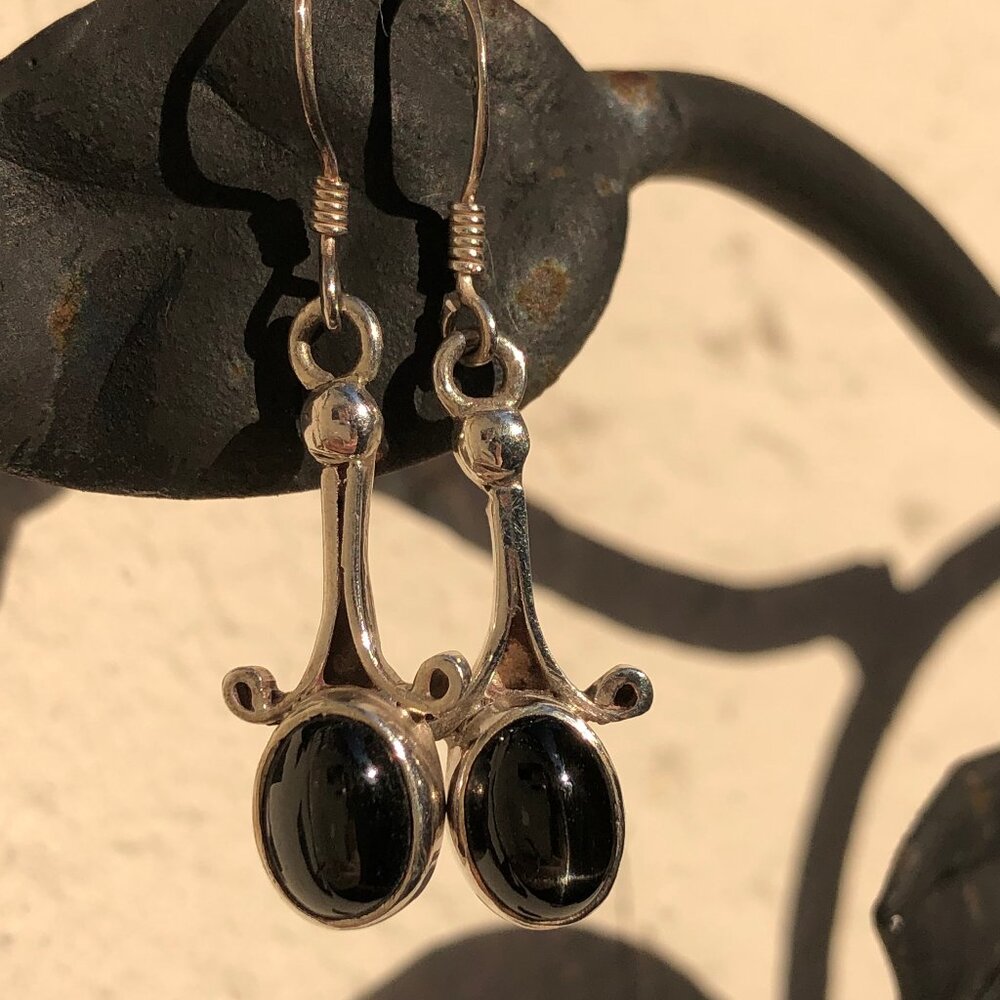 Black stone and silver dangle earrings